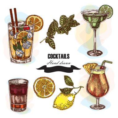 Elle çizilmiş kroki kokteyl küme. Vektör çizim