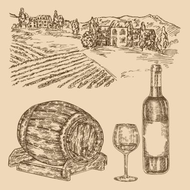 Wine set. Hand drawn vineyad, wine barrel and bottle of wine. Vector