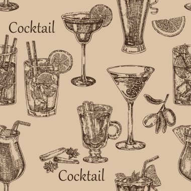Hand drawn cocktail seamless background. Vector sketch illustration