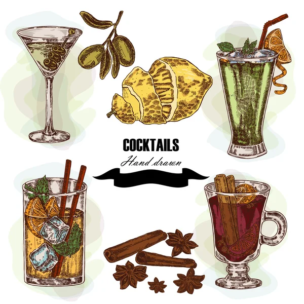 Hand drawn sketch cocktail set. Vector illustration — Stock Vector