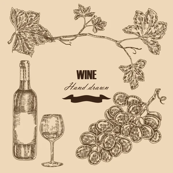 Wine set. Hand drawn bottle of wine, glass, bunch of grapes. Vectoor — 图库矢量图片