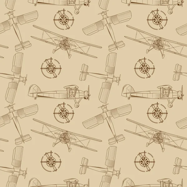 Seamless background with vintage airplane in several projections — 图库矢量图片