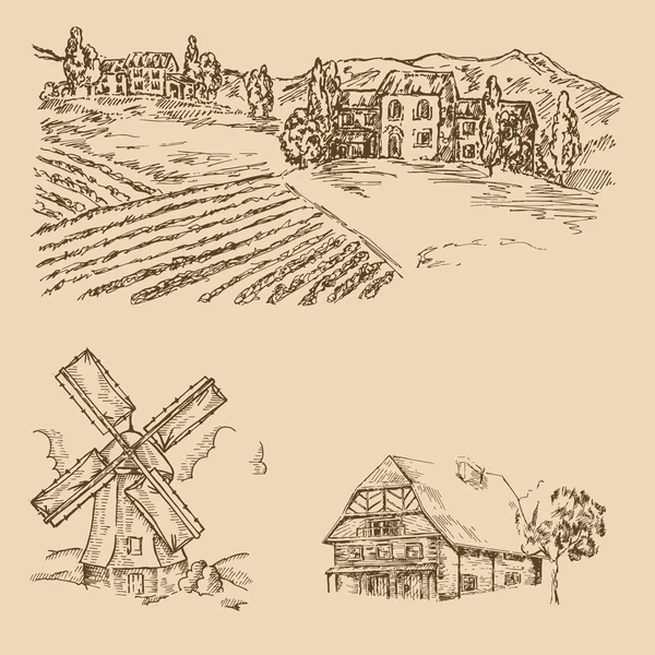 Rural landscape. Hand drawn vineyard, farm house and windmill. Vector