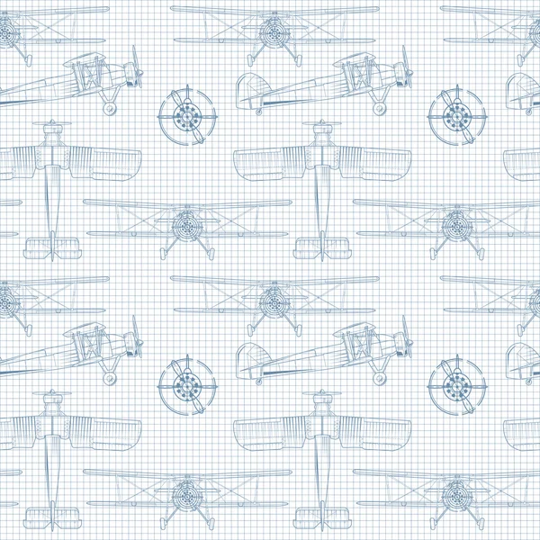 Seamless background with vintage airplane in several projections — Stockový vektor