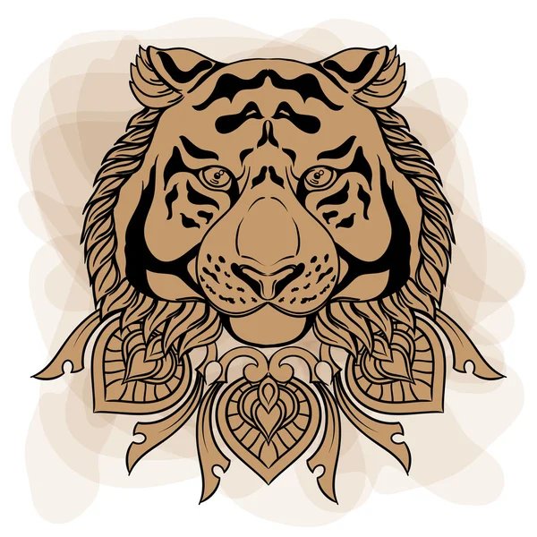 Tête de tigre d'or avec mandala ornement. Vintage illusion dessinée à la main — Image vectorielle