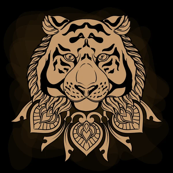 Cabeza de tigre dorado con adorno mandala. Ilustración dibujada a mano vintage — Vector de stock