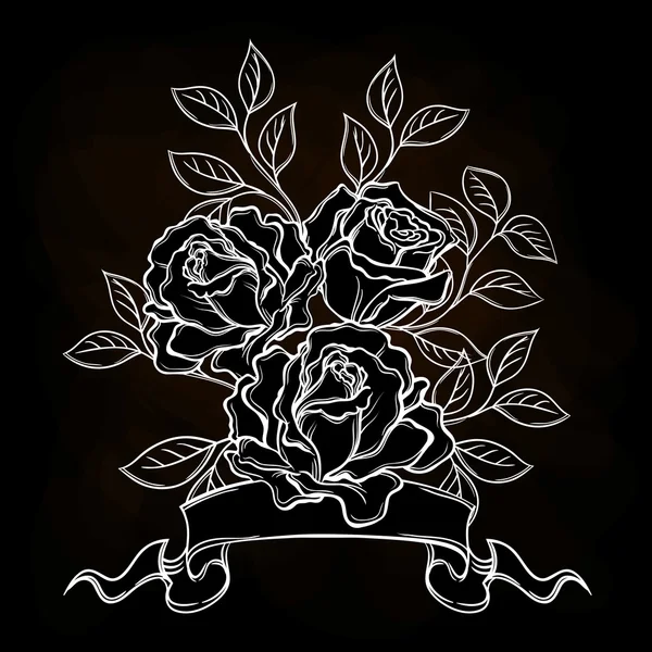 Hand drawn vintage rose flower. White rose on black. — 스톡 벡터