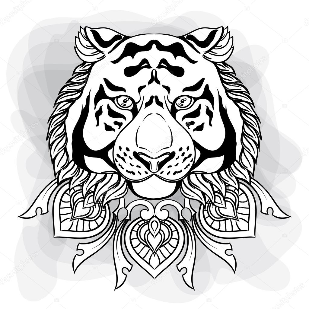 Download Tiger head with ornament mandala. Vintage hand drawn ...