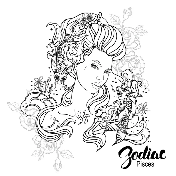 Zodiac. Vector illustration of Pisces as girl with flowers. Desi — Stock Vector