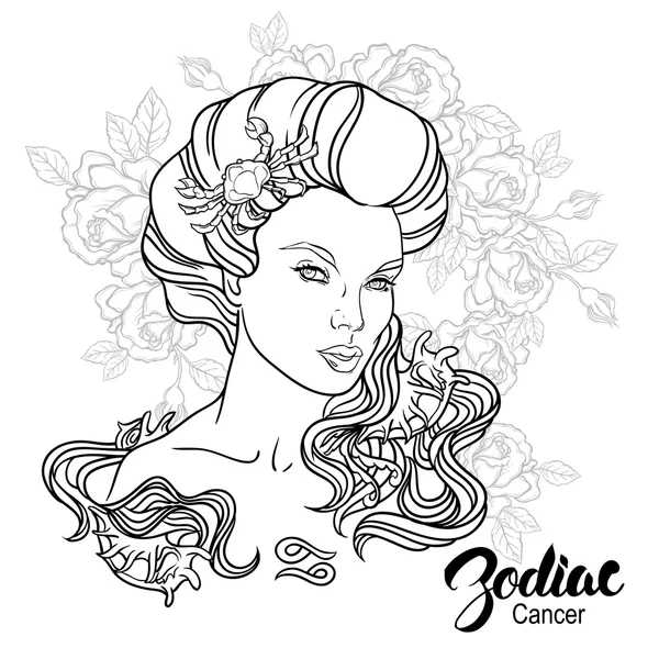 Zodiaque. Illustration vectorielle du Cancer comme fille avec des fleurs. Desi — Image vectorielle