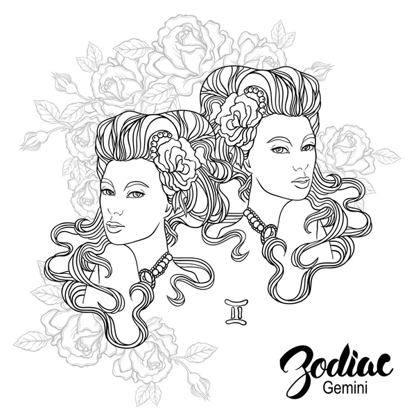 Zodiac. Εικονογράφηση φορέας Δίδυμοι ως κορίτσι με τα λουλούδια. Δέση — Διανυσματικό Αρχείο