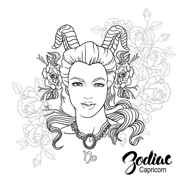 Zodiaque. Illustration vectorielle du Capricorne comme jeune fille avec des fleurs. D — Image vectorielle