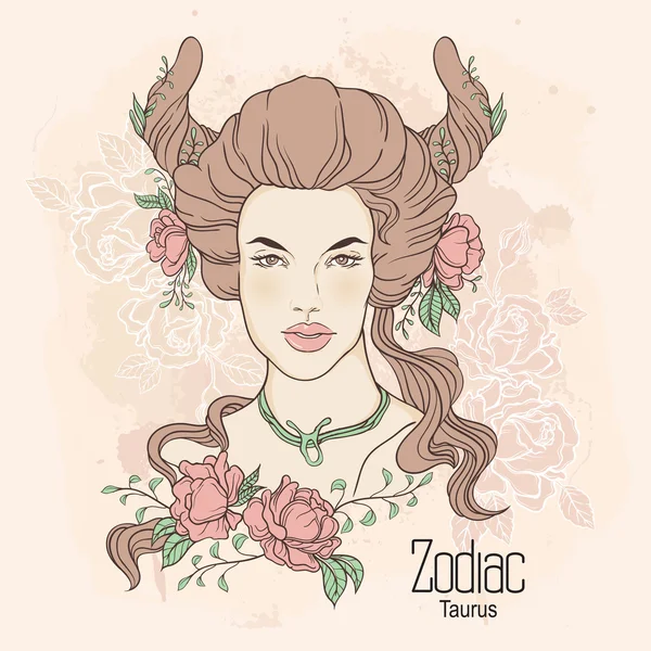 Znak zodiaku. Ilustracja wektorowa Taurus jako dziewczyna z kwiatami. Desi — Wektor stockowy