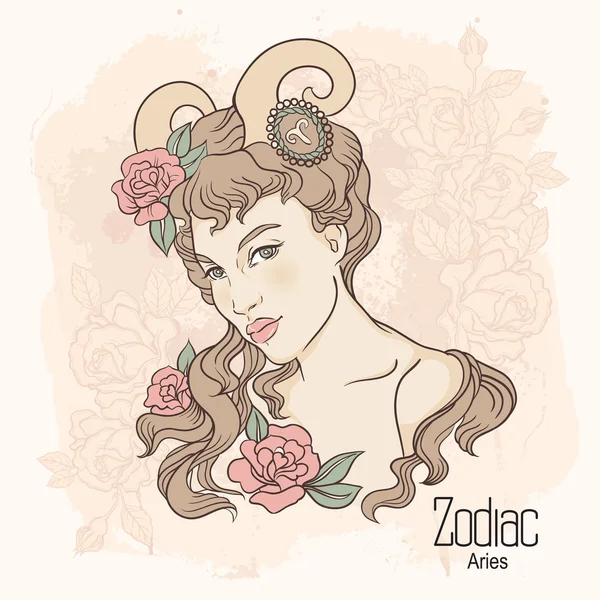 Zodíaco. Ilustración vectorial de Aries como niña con flores. Desig. — Vector de stock