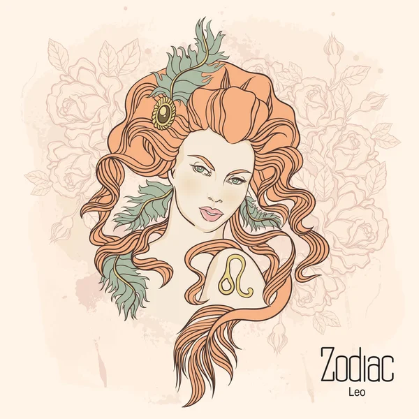 Zodíaco. Ilustração vetorial de Leão como menina com flores. Desenho — Vetor de Stock