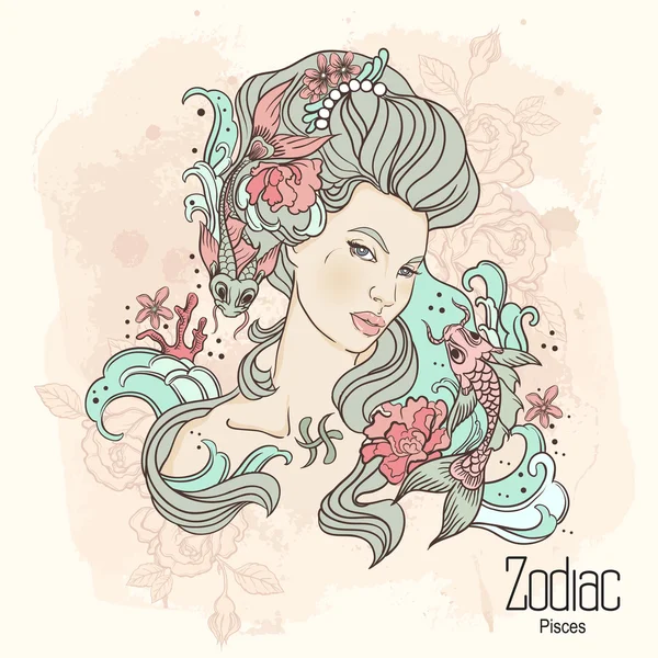 Zodíaco. Ilustração vetorial de Peixes como menina com flores. Desi... —  Vetores de Stock