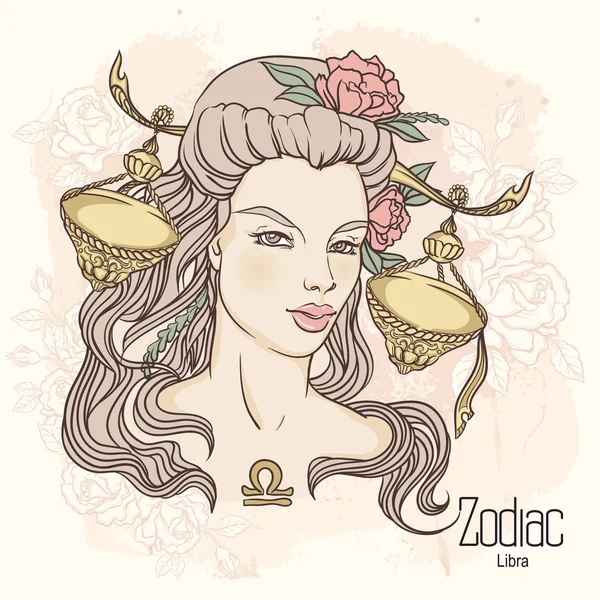 Zodiaco. Illustrazione vettoriale della Bilancia come ragazza con fiori. Denominazione — Vettoriale Stock