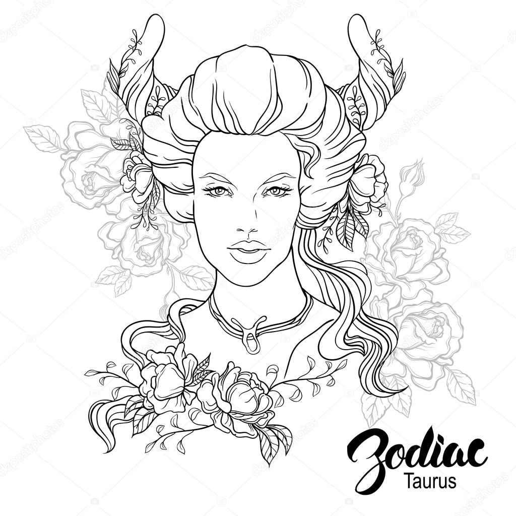 Zodiac. Vector illustration of Taurus as girl with flowers. Desi