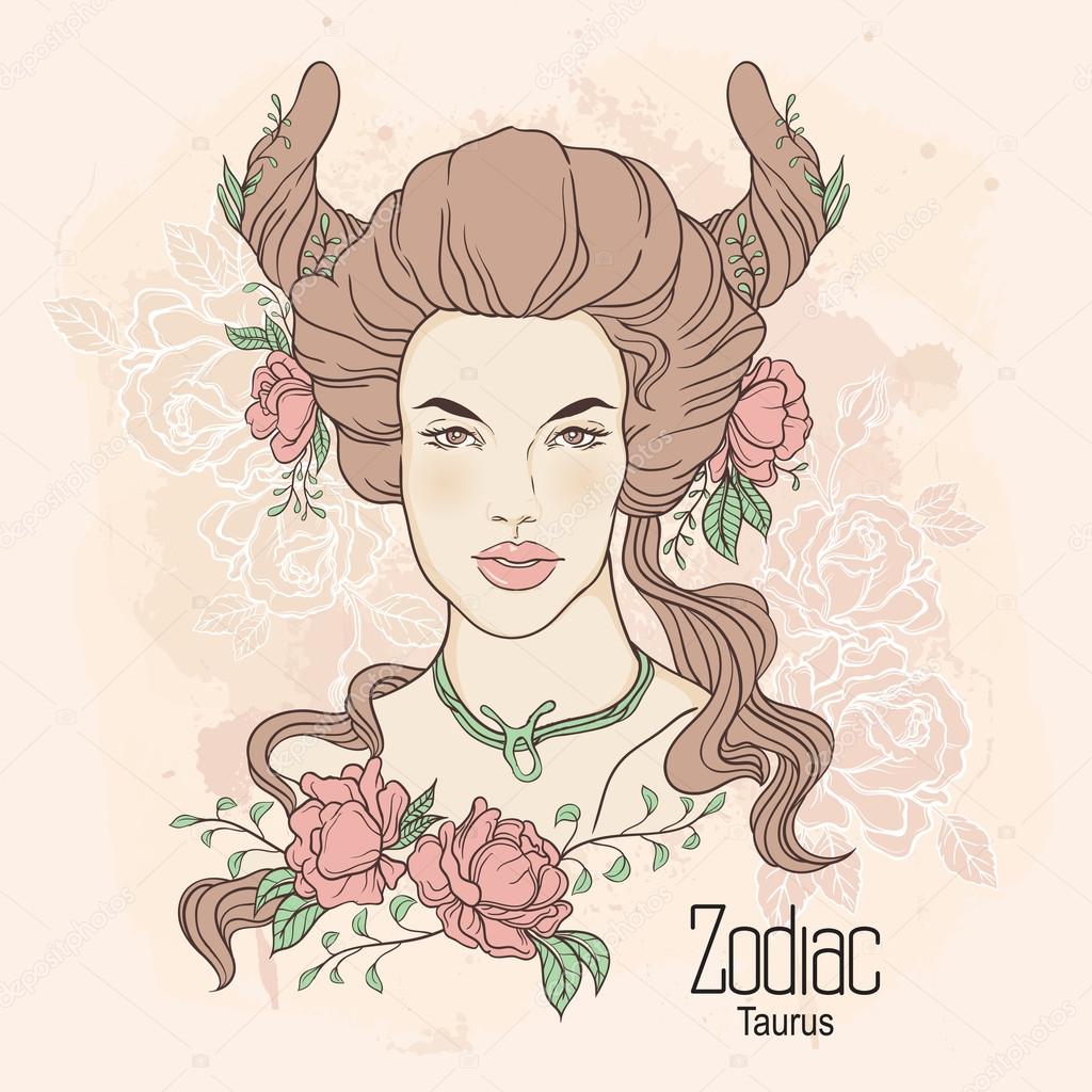 Zodiac. Vector illustration of Taurus as girl with flowers. Desi
