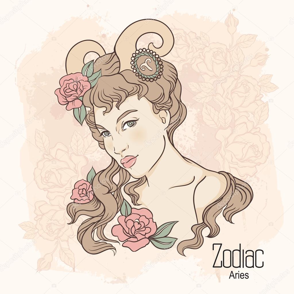 Zodiac. Vector illustration of Aries as girl with flowers. Desig