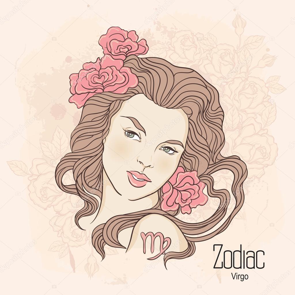 Zodiac. Vector illustration of Virgo as girl with flowers. Desig