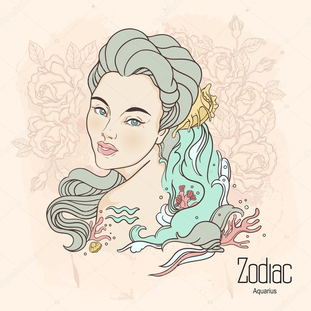 Zodiac. Vector illustration of Aquarius as girl with flowers. De