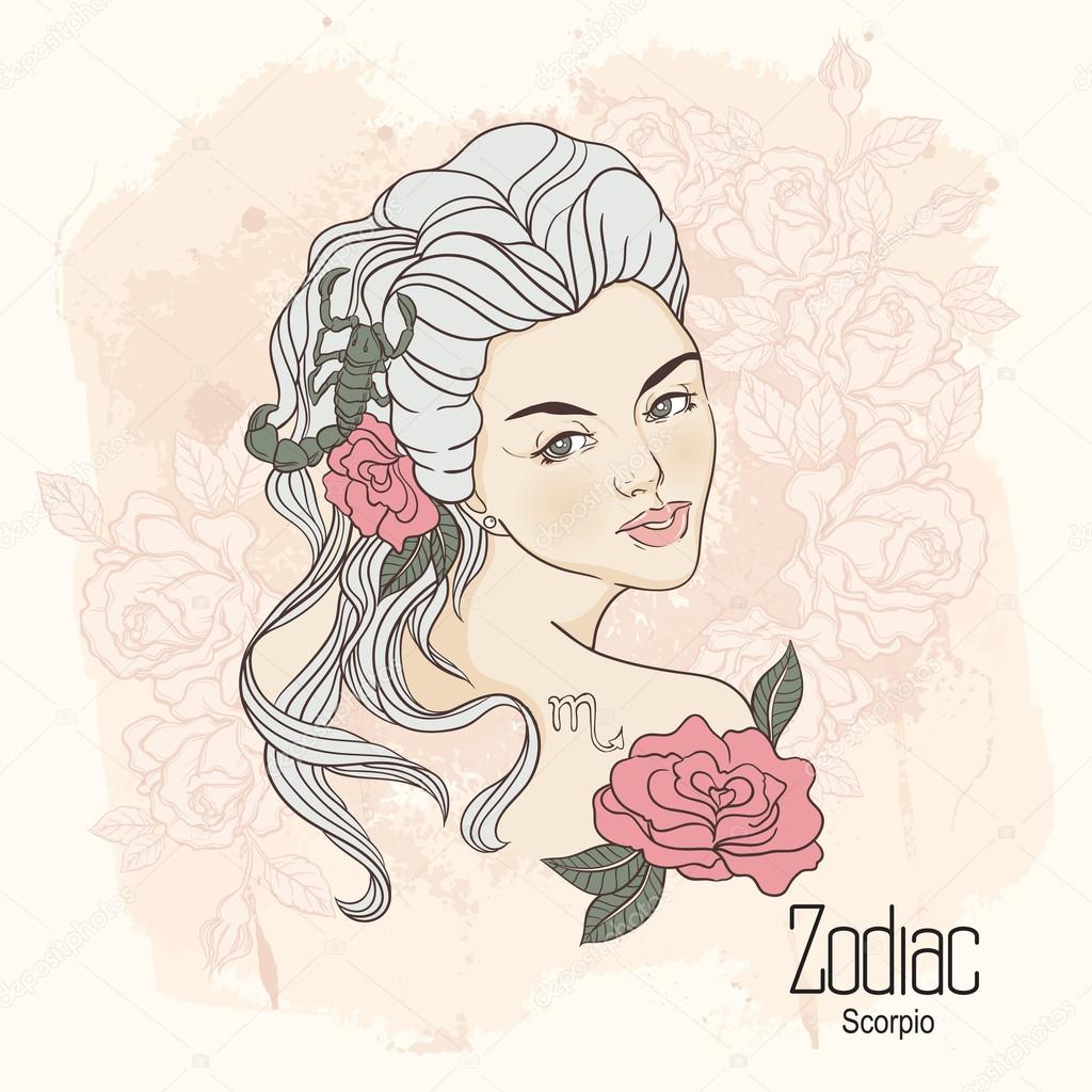 Zodiac. Vector illustration of Scorpio as girl with flowers. Des