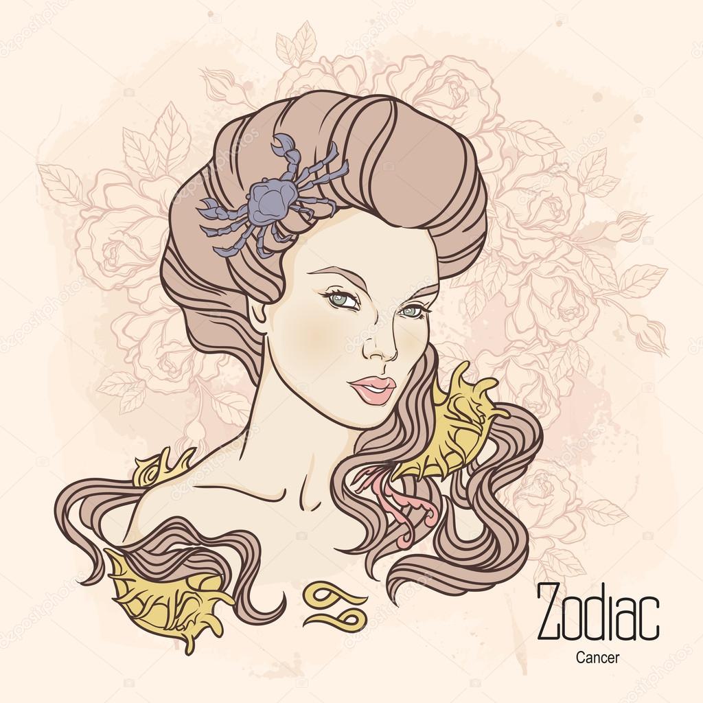Zodiac. Vector illustration of Cancer as girl with flowers. Desi