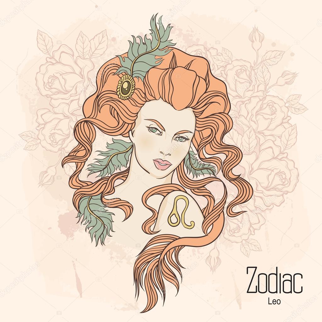 Zodiac. Vector illustration of Leo as girl with flowers. Design 