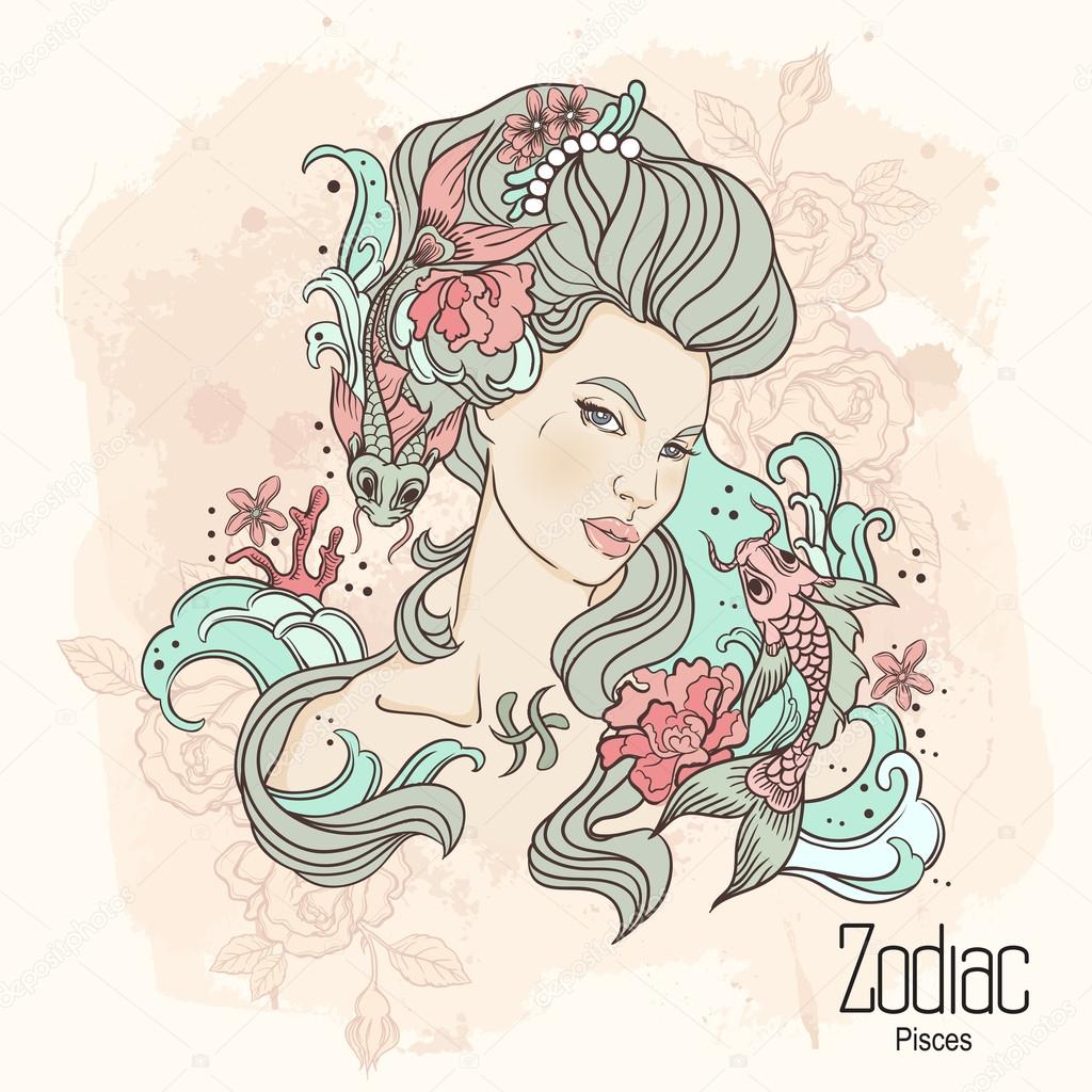 Zodiac. Vector illustration of Pisces as girl with flowers. Desi