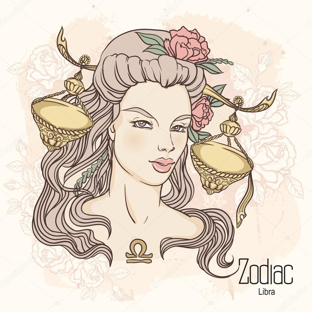 Zodiac. Vector illustration of Libra as girl with flowers. Desig