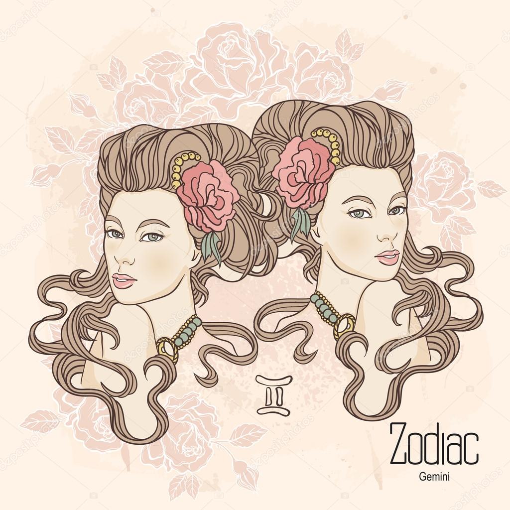Zodiac. Vector illustration of Gemini as girl with flowers. Desi