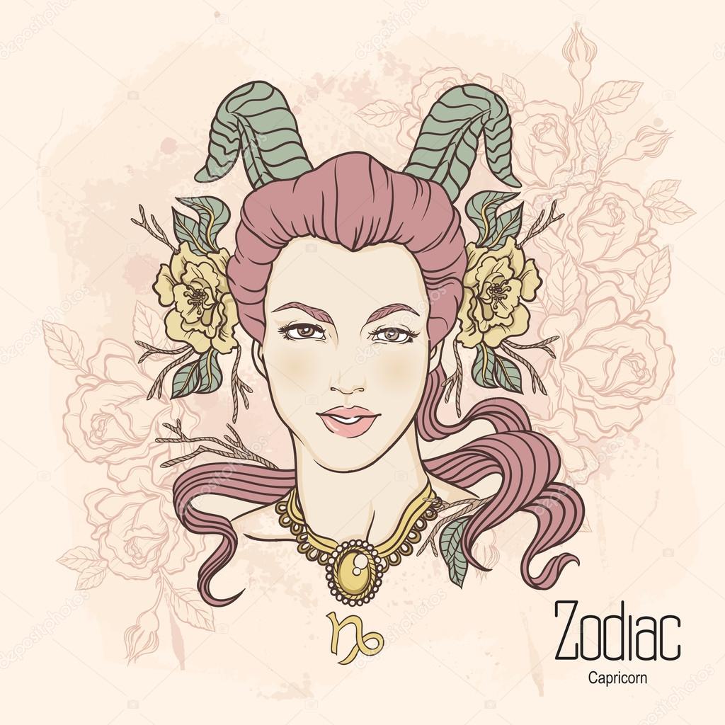 Zodiac. Vector illustration of Capricorn as girl with flowers. D