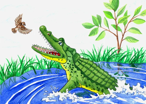 Illustration crocodile and bird — Stock Photo, Image