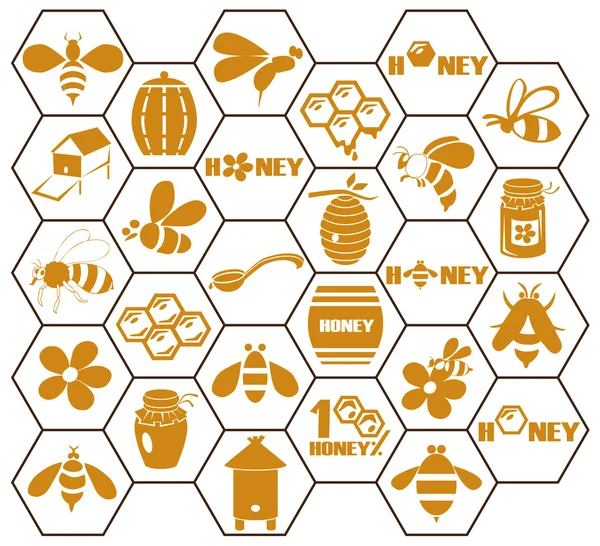 Εικονίδια μέλισσα και το μέλι σε χτένα — Διανυσματικό Αρχείο