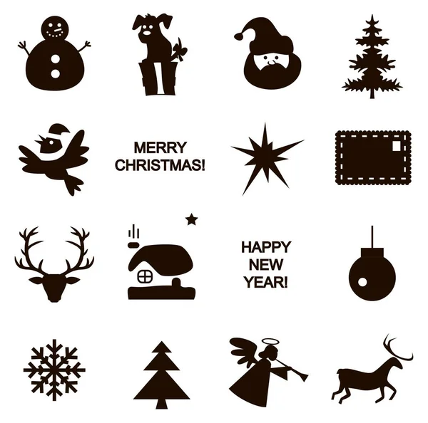 Kerstmis Nieuwjaar Iconen Zwarte Silhouetten Witte Achtergrond — Stockvector