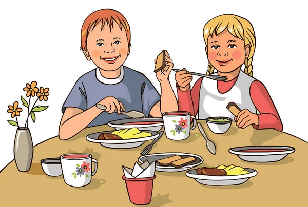 소녀와 소년이 요리와 식사를 하면서 식탁에 학교와 유치원에서의 — 스톡 벡터