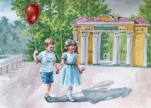 Dzieci Chłopiec Dziewczyna Balonem Chodzą Trzymając Się Ręce Dzieckiem Obok — Zdjęcie stockowe
