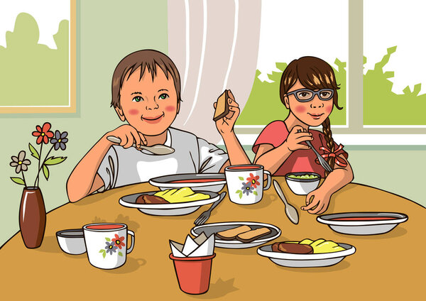 illustration of a girl and a boy are sitting at the table with different dishes and eating. Meals in schools and kindergartens