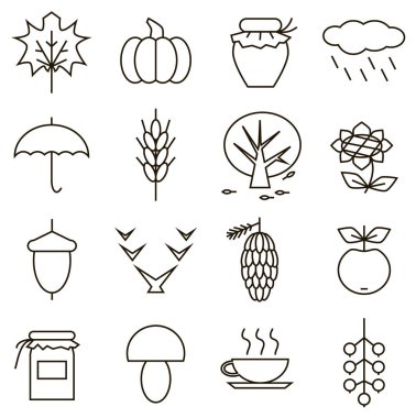 Beyaz arkaplan sonbaharında siyah çizgi simgeleri