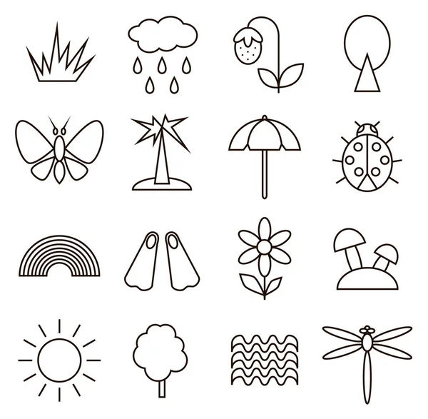 Set Verano Relacionados Iconos Negro Línea — Vector de stock