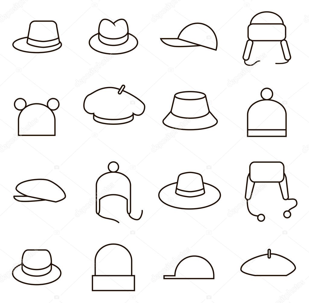 set of diferent hats icons black line