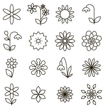 Beyaz arkaplanda farklı çiçek türlerini gösteren siyah çizgi simgeleri