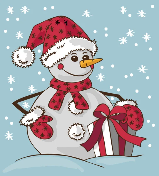 Bonhomme de neige et cadeau — Image vectorielle