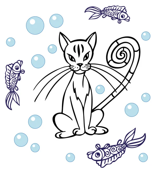 Gato y pescado — Vector de stock