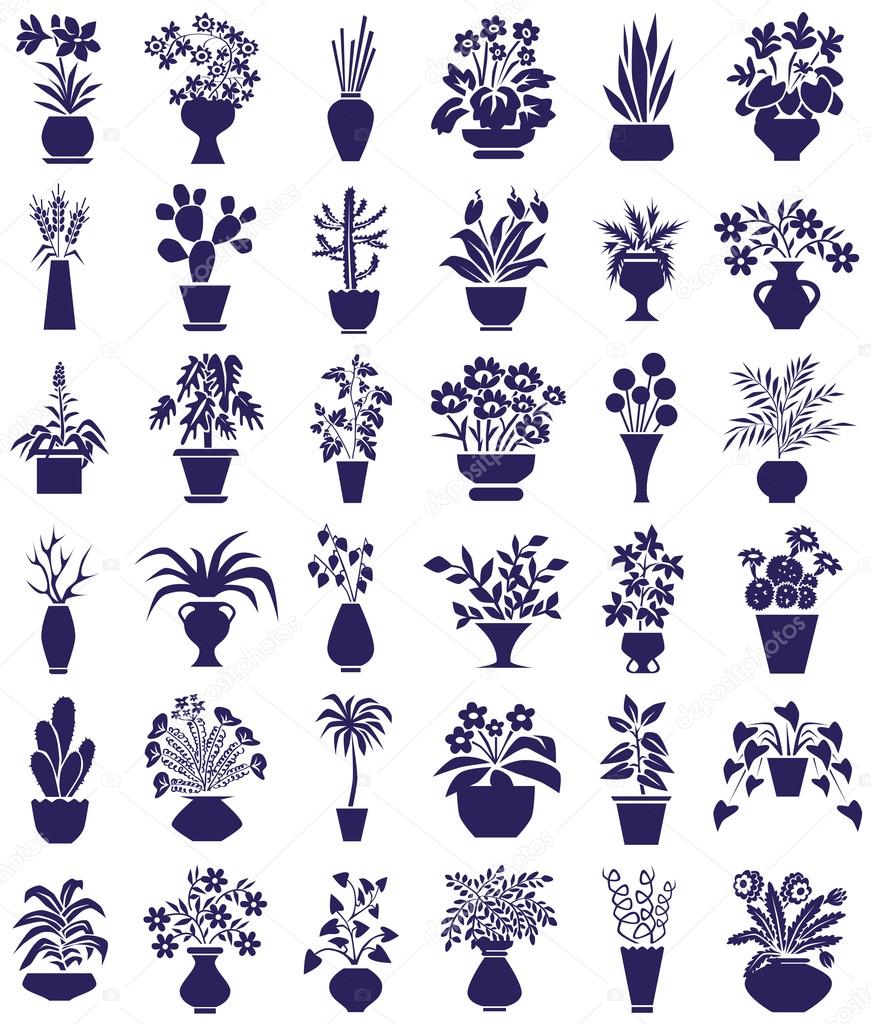 Potted flowers icons on white