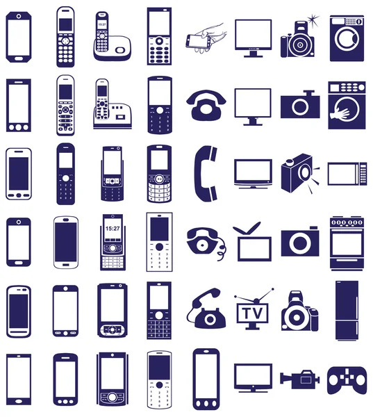 Téléphone, icônes d'équipement sur blanc — Image vectorielle