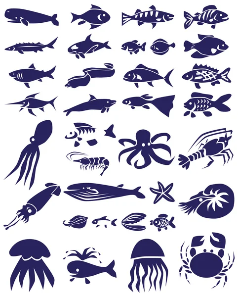 Fish and marine reptiles icons on white — Stock Vector