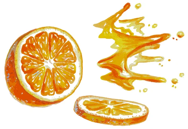 Naranja y zumo salpica acuarela — Vector de stock