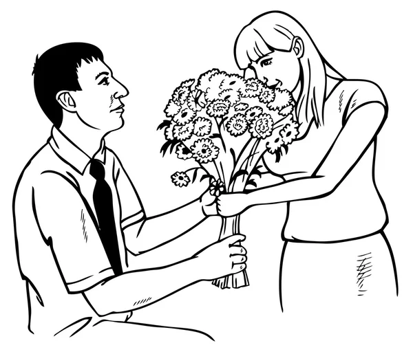 Мужчина дарит девушке цветы по колено — стоковый вектор